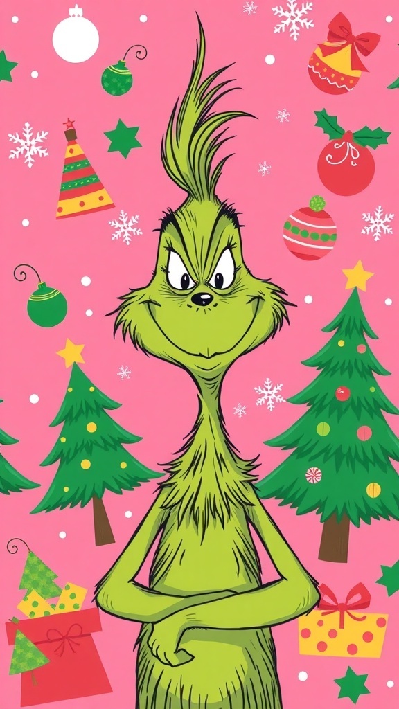 Grinch-themed pink Christmas wallpaper with festive designs.